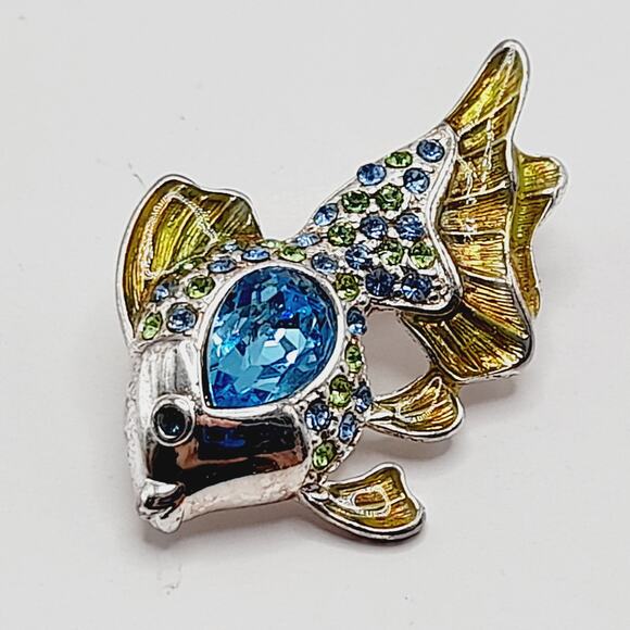 Vintage Monet Fish Brooch Blue Rhinestones Enamel Gold Fins Pin 1 1/2 Inch - Picture 8 of 9